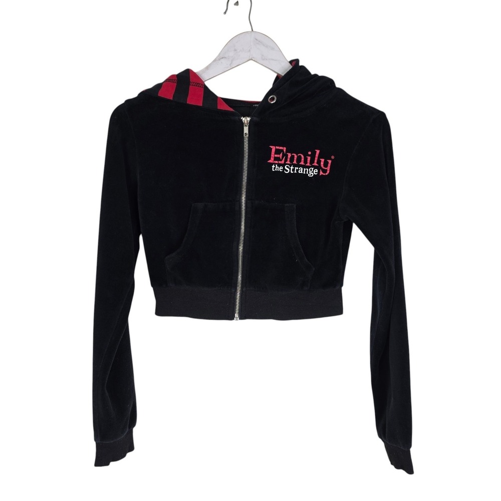 DOLLS KILL X Emily The Strange Hoodie Womens 2XS Black Velour Cat Ears
